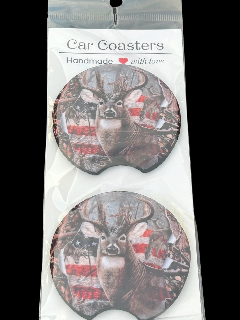 Handmade Car Coasters with Deer & Flag Design - Brown/Gray